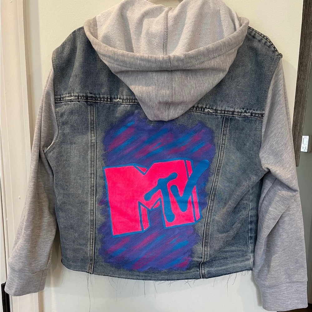 Kensie Jean Jacket with Gray Hoodie and Pink MTV Logo